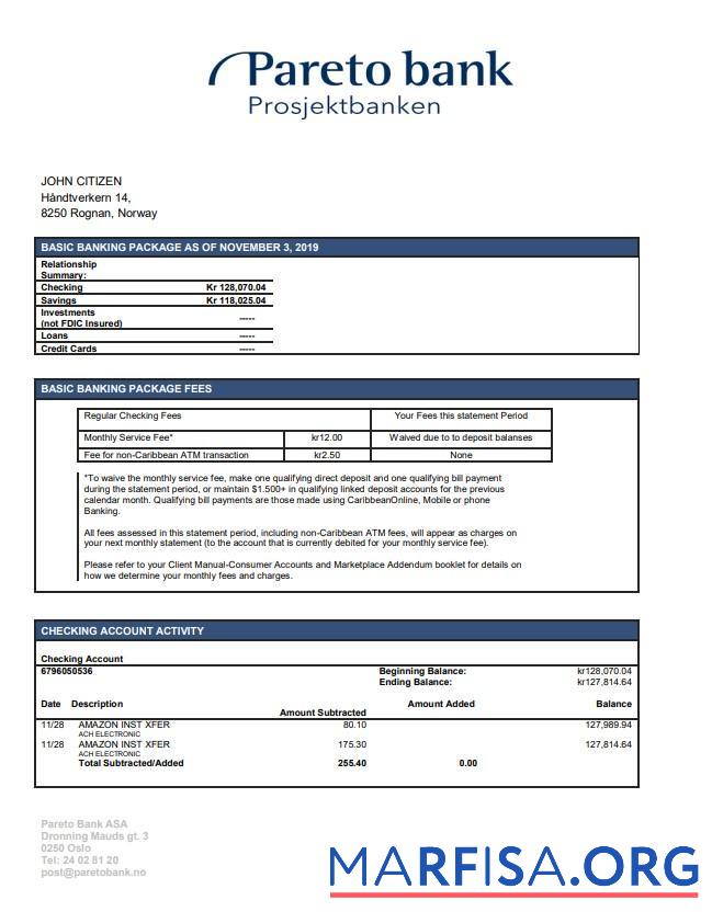 Printable Norway Pareto bank statement word real example